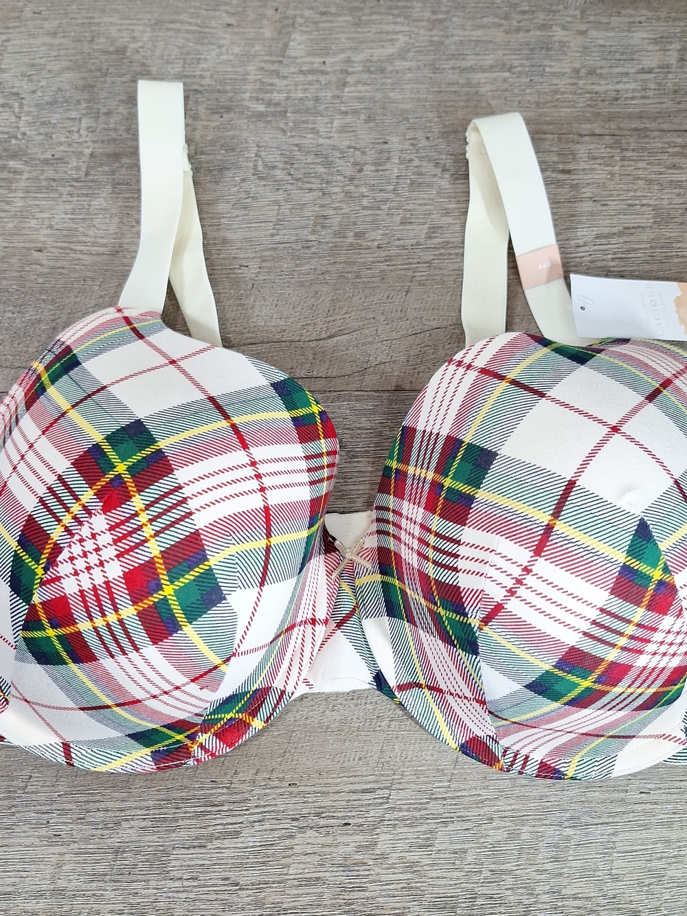 Cacique Plaid T-Shirt Bra in Cream‎ with Red, Green & Navy